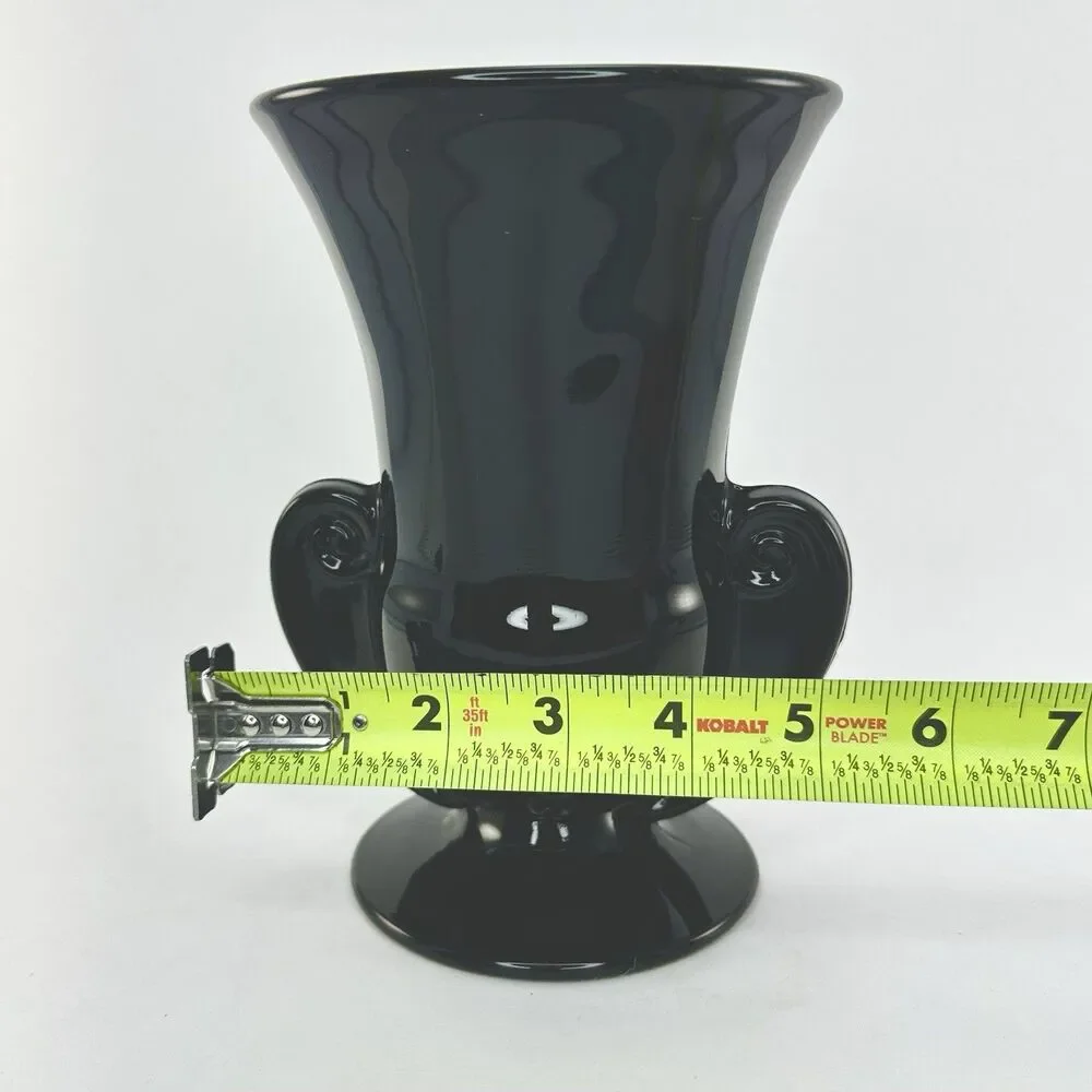 Fostoria Sakier Ebony Black Glass Urn Vase #2467 Scroll Handles 7” 1930s